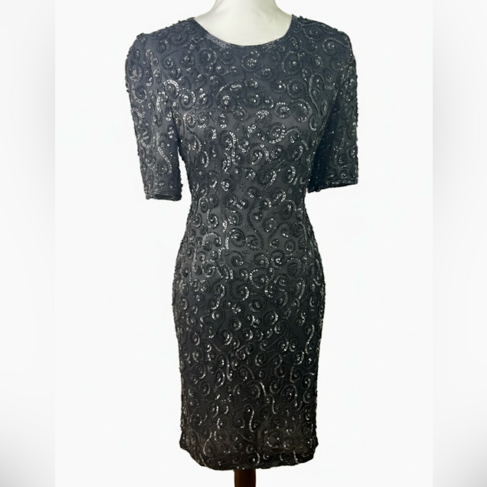 Vintage 100% Silk Hand-Beaded Cocktail Dress – Size 10 – Fully Lined – Black
